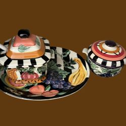 A contemporary Vicki Carroll Studio 'Bon Appetit' ceramic tureen set with ladle and platter.