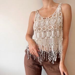 Ivory Cotton Crochet and Mesh Camisole Tank Top
