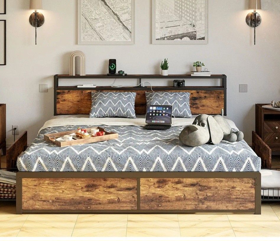 LIKIMIO King Bed Frame with Storage Drawer, 2-Tier Storage Headboard with Charging Station, No Box Spring Needed, Easy Assembly, Vintage Brown