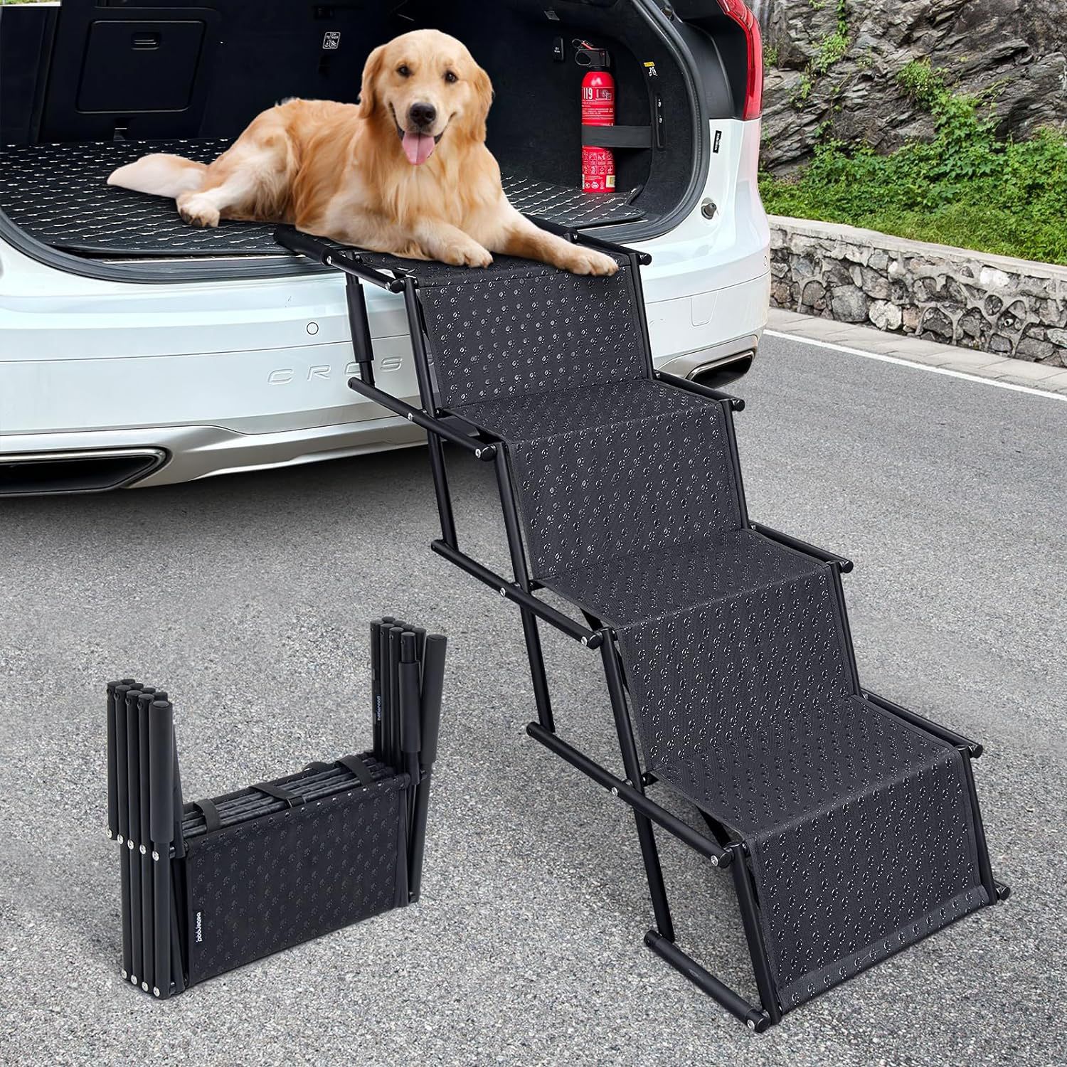 BEBEROAD Portable Folding Pet Stair & Ramp for Large Dogs up to 154lbs, Non-Slip Surface, Ideal for Cars, SUVs, High Beds, and Trucks (4 Steps Black)