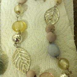 Fun Costume Fashion Modern Leaves Silver Tone & Pink Yellow Light Blue Necklace. 
