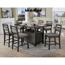 GRAY FINISH 7 PIECE COUNTER-HEIGT-DINING-TABLE SET-WINE RACK STORAGE - SILLAS MESA ALTA