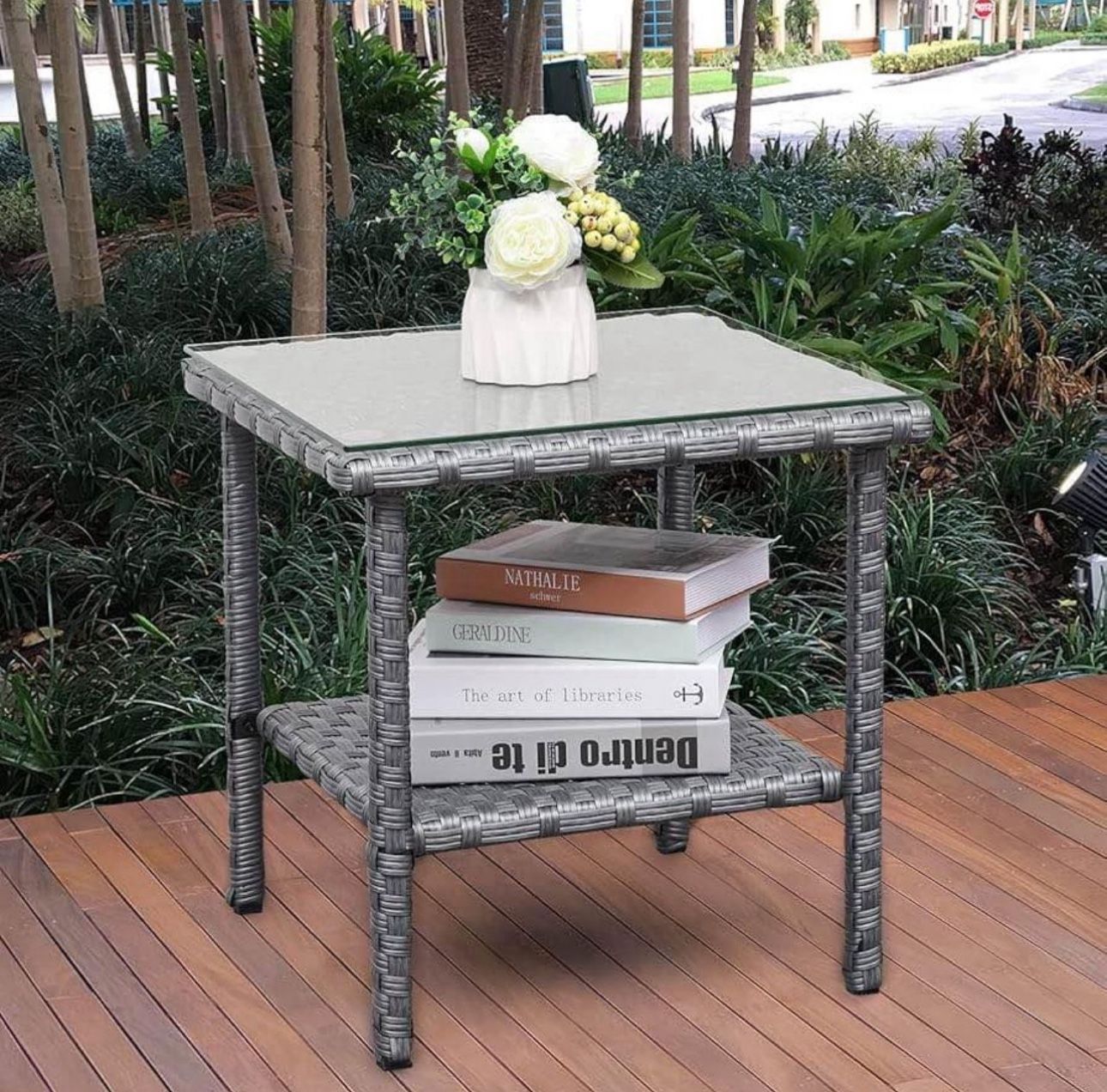 Outdoor PE Wicker Side Table, Patio Square Table, Rattan Garden Square Table with Glass Top, 2-Layer Table Furniture, Grey Brand New still in the box