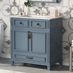 NEW Blue 30" Bathroom Vanity with Ceramic Sink, Solid Wood Cabinet, Soft Closing Doors, Retro Style