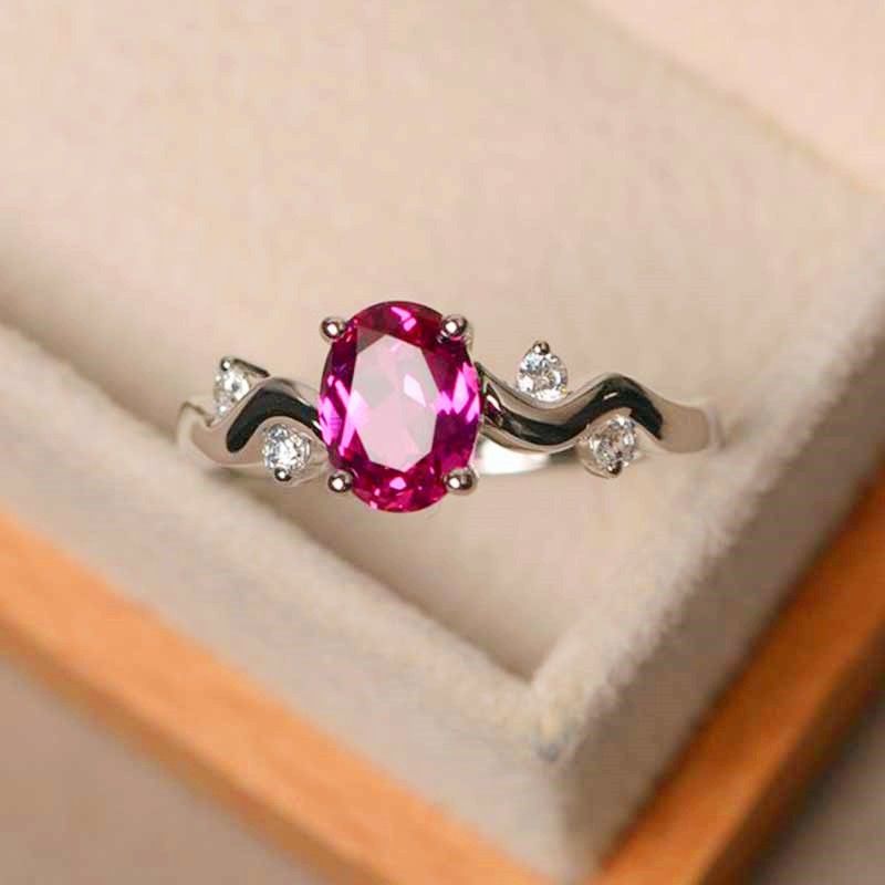 "Pink Oval Ruby Gemstone Shiny Wave Vines Elegant Silver Ring for Women, VIP589