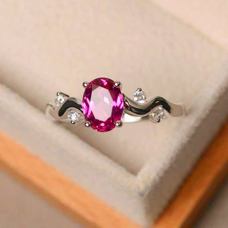 "Pink Oval Ruby Gemstone Shiny Wave Vines Elegant Silver Ring for Women, VIP589
  
 