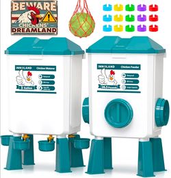 Chicken Feeder and Waterer Set - 3 Gallon/26.5 Pounds, Automatic Chicken Waterer with 4 Cups & 3 Feeder Ports, No Waste Poultry Feeders & Waterers, Ch