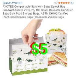 Compostable Sandwich Bags Ziplock Bag Sandwich Size(6.7"x 6.8"), 100 Count Reusable Sandwich Bags Bulk Food Storage Bags, ASTM D6400 Certified Plant-B