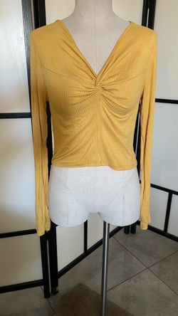 Mustard Yellow Ribbed Ruched Crop Top