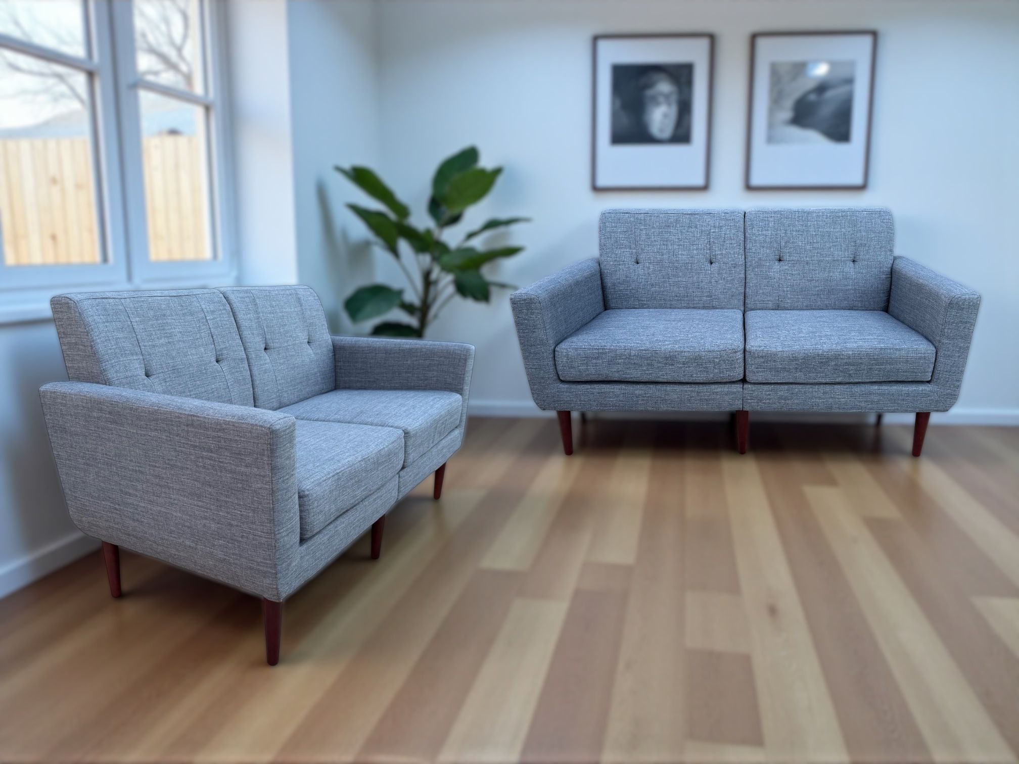 HUIMO Blue Linen-Look Fabric MCM 2 Loveseats Set