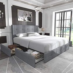 Queen Platform Bed frame + Including Mattress Light Grey 
