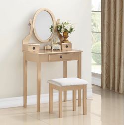 Roundhill Furniture Moniys Wood Moniya Makeup Vanity Table and Stool Vanity Set, Gold