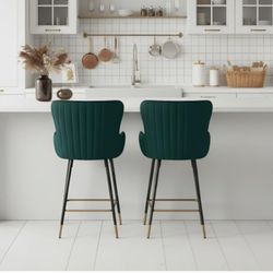 26" Green Counter Height Bar Stools Set of 2, Velvet Upholstered Gold Bar Stools with Wing Back, Modern Kitchen Island Bar stools with Footrest High D