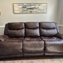 Leather Reclining Couch, 1 Recliner Chair, 3 Table Stand With Coffe Table . OBO
