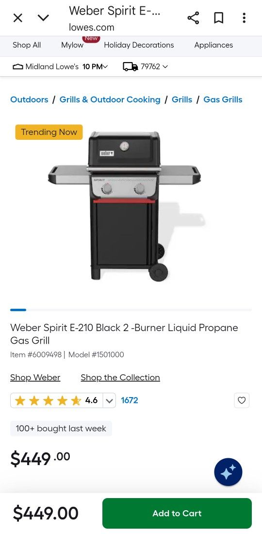 WEBER SPIRIT E210  Propane Grill