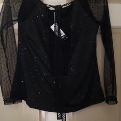 Ladies L new Black Sexy Glitter Lace Top