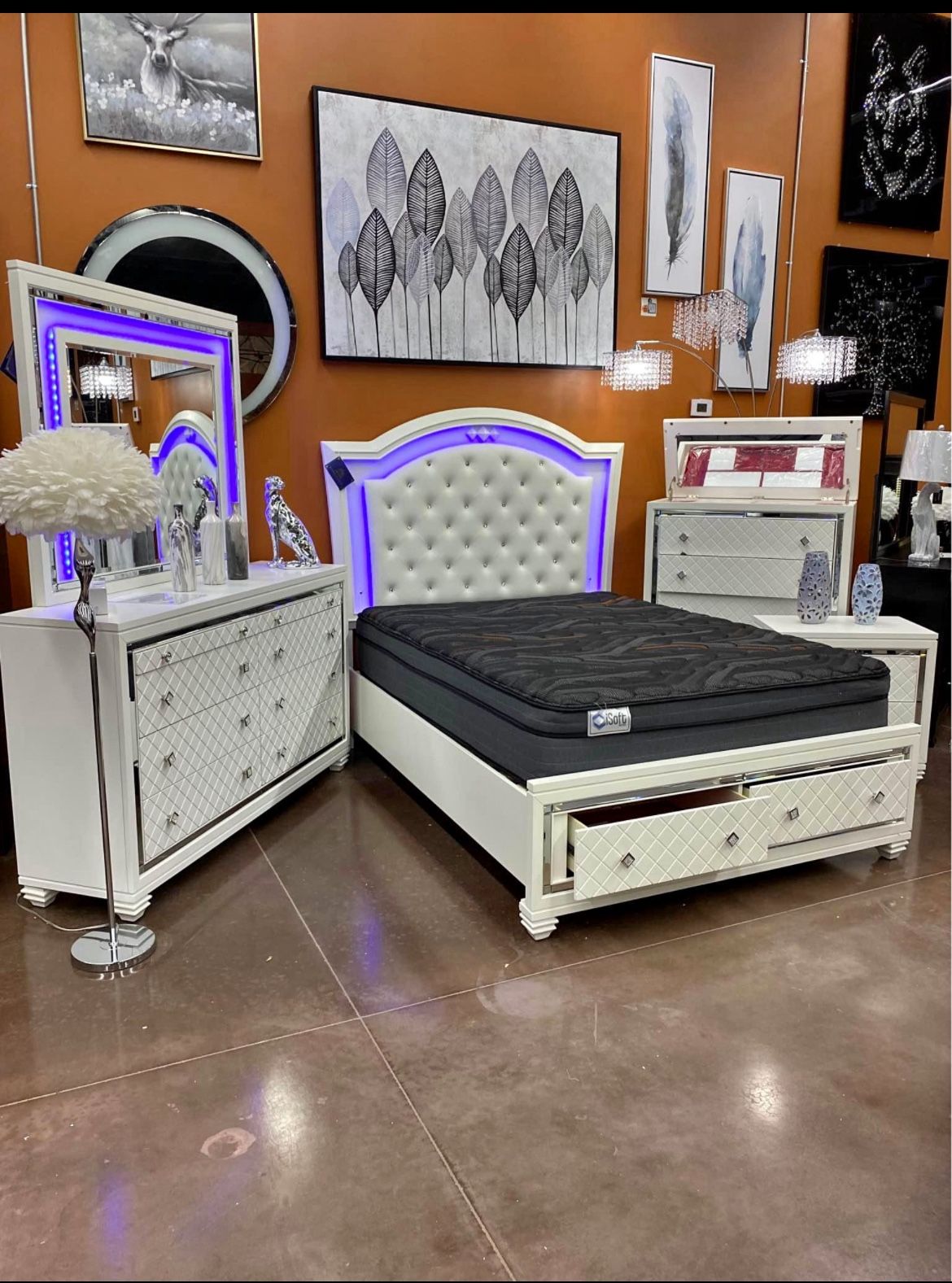 Led Lights , Bedroom Set , White Finish, Dresser Mirror , Nightstands