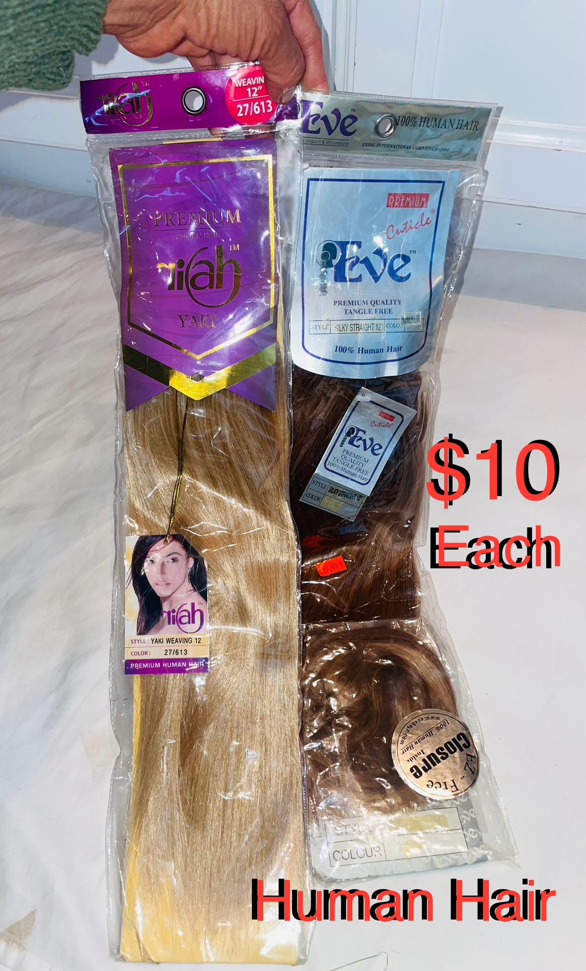 $10 Each Pack of Human Hair for extensions etc blond 14” the other 12”