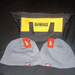 DeWalt Tool Bag & 2 Milwaukee Beenies