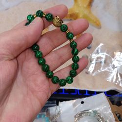 Green Beaded Stretch Bracelet  With A Golden Owl Charm 