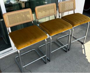 Set of 3 Cane Back Bar Stools with Velvet Seats