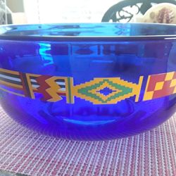 Arcoroc Cobalt Blue 8 3/4" Glass Serving Bowl w/Kente Flag Trim