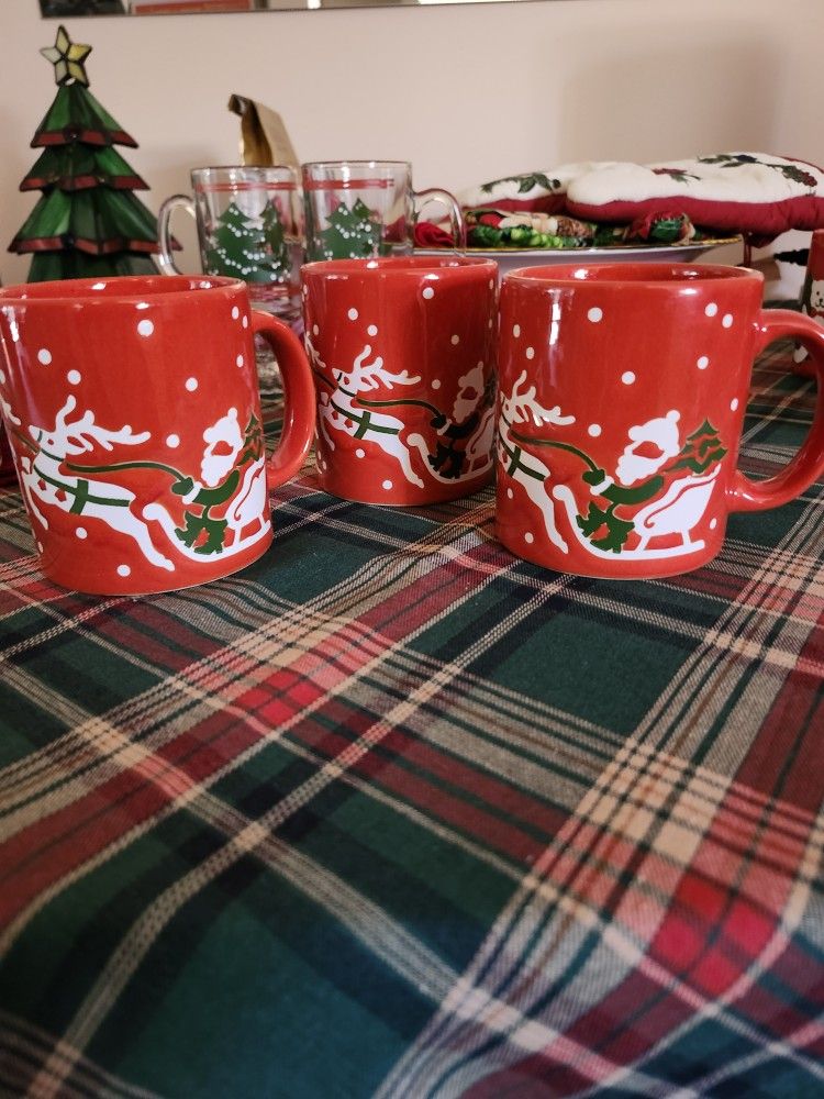 Set Of 3, Waechtersbach Santa And Reindeer Holiday Mugs