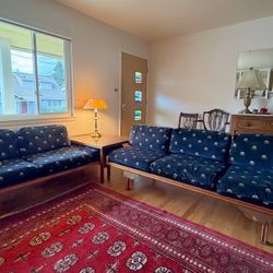 Mid Century Blue Velvet Sofa Set w/ Side Table 1965