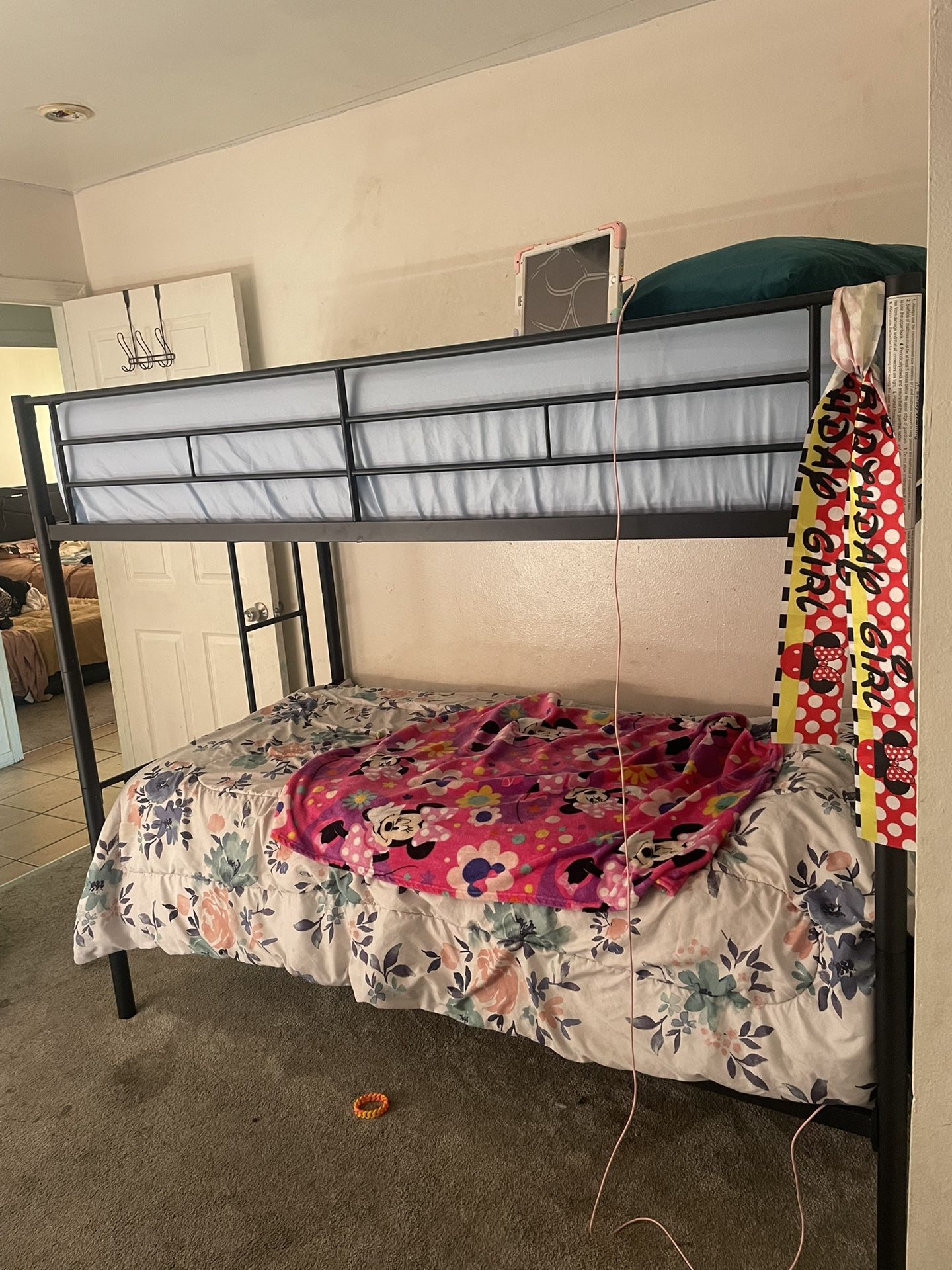 Black metal bunk beds with mattresses for sale