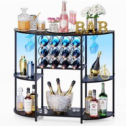 JKsmart Wine Bar Cabinet with LED Lights, Mini Wine Bar Cart with Storage and Glass Holder, Home Bar Coffee Bar for Liquor, 3-Tier Bar Table for Kitch