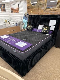 🔥 Brand New Black Upholstered Corduroy Velvet King & Queen Size Platform Bed Frame W/ Tall Headboard & BT Speakers - Opt Mattress | Pickup & Delivery