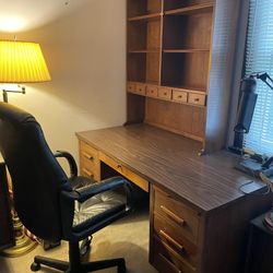 Wooden desk with hutch & leather chair