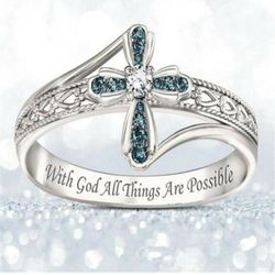 Very Nice Christian Blue Cubic Zirconia Cross Scripture Silver Tone Ring