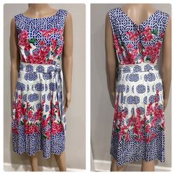 Talbots Blue Pink Falling Floral Rose Fit to Flare Dress with pockets. Sz 8 NWT