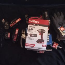 IMPACT DRIVER, PLIERS, METRIC DEEP SOCKETS, KNIFE, WORK GLOVES 