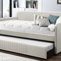 Gorgeous New Light Beige Velvet Twin Daybed w/ Roll Out Twin Trundle Bed (no mattresses)
