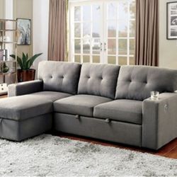 Brand New Light Grey L Shaped Design Sectional With Pullout Sleeper Reversible Storage Chaise Stainless Steel Cup Holders USB Charger