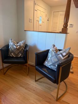 Arteriors Genuine Black Leather & Brass Accent Chairs – Pair