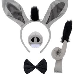 4 Pack Donkey Costume Set Donkey Ears Headband Nose Tail Bowtie Animal Headwear Adult Halloween Party Cosplay Accessories