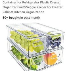 4Pack Stackable Fridge Drawers Pull-out Storage Bins with Handle Clear Food Container for Refrigerator Plastic Dresser Organizer Fruit&Veggie Keeper 