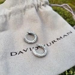 David Yurman Petite Pavé Huggie Hoop Earrings Sterling Silver with Diamonds 14mm