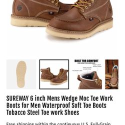 SUREWAY 6 inch Mens Wedge Moc Toe Work Boots for Men Waterproof Soft Toe Boots Tobacco Steel Toe work Shoes