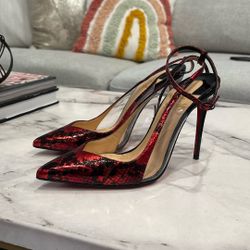 Christian Louboutin 100 Ayer’s Metal Gloss Red & Black Snake Print Heel Sz 36