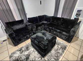 Corduroy sectional sofa with ottoman