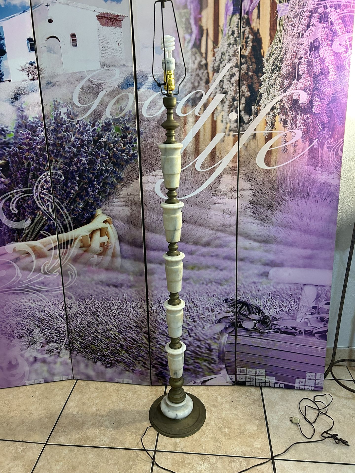 1950s Asian Regency Brass and Marble Floor Lamp By Frederick Cooper