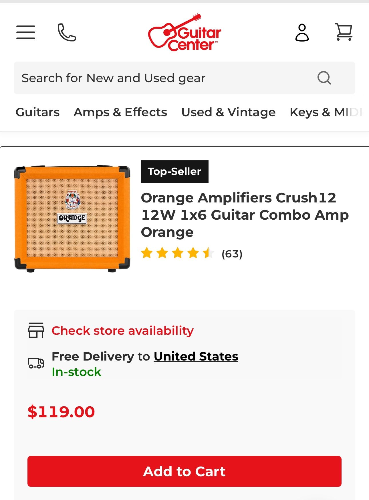 Orange Amplifiers Crush12 12W 1x6 Guitar Combo Amp Orange