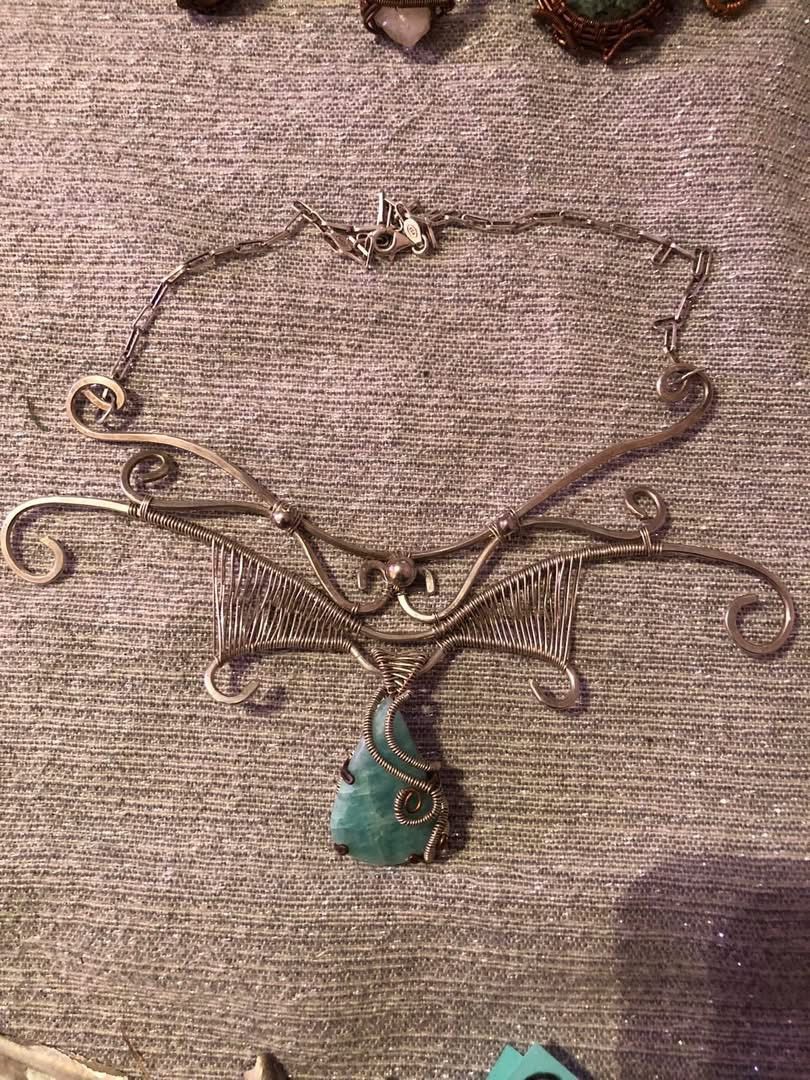 Hand Wire Wrapped 925 Sterling Silver Amazonite Crystal Statement Necklace