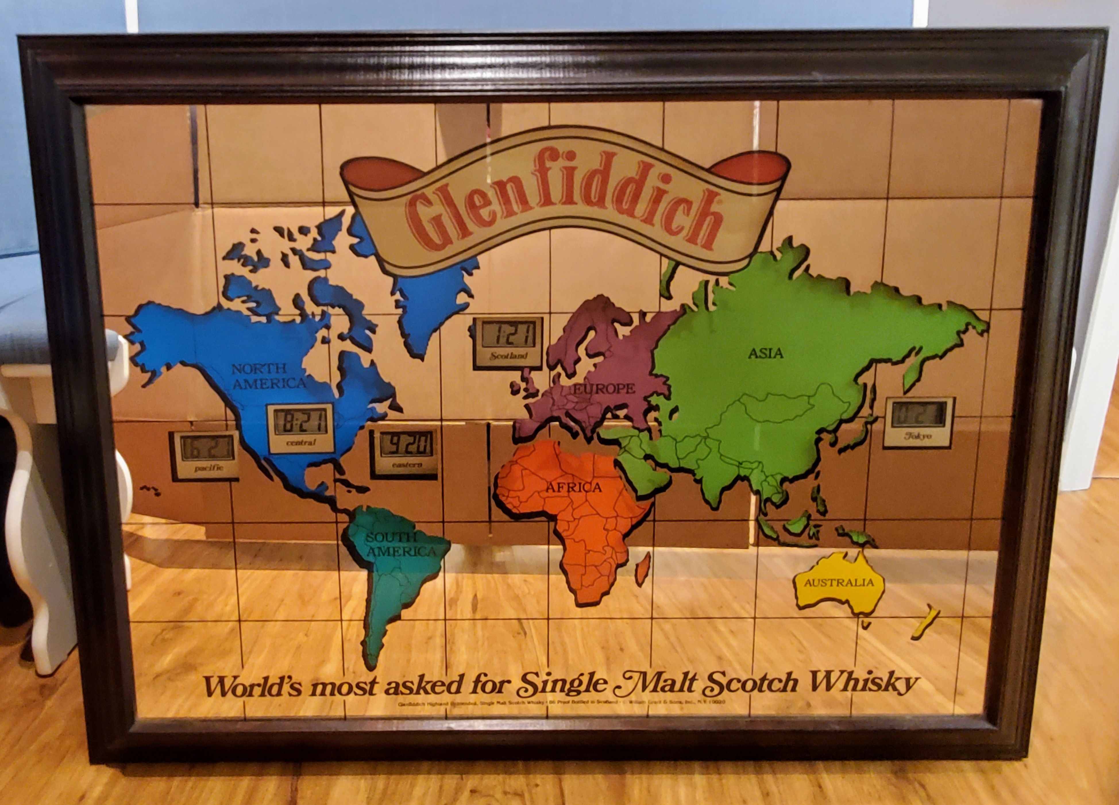 extremely rare vintage GlenFiddich Single Malt Scotch Whiskey world map mirror with timezone clocks
