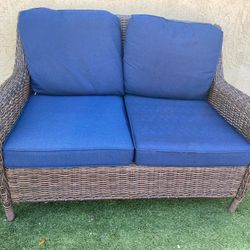 Hampton Bay Wicker Patio Loveseat with Blue Cushions - Local Delivery for a Fee - See My Items😎