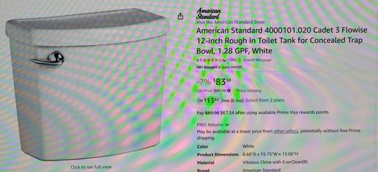 New! American Standard Toilet Tank, 1.28 GPF
